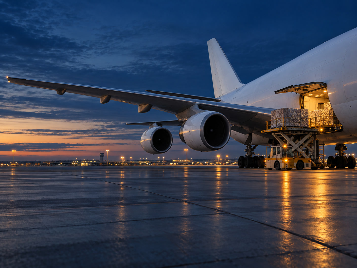 Cargo aircraft being loaded at dusk