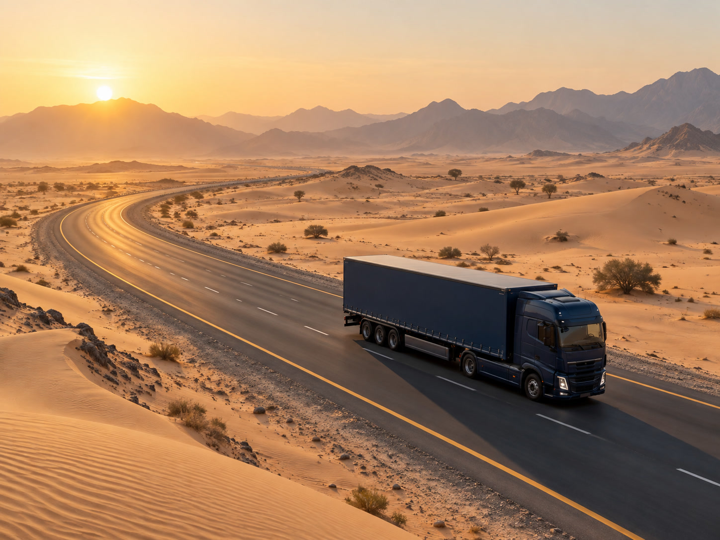 Freight truck travelling along a desert road