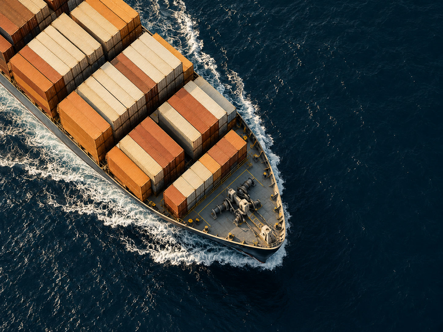 Overhead view of a container ship at sea